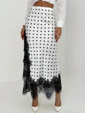 Black And White Elegant Women's Polka Dot Print Lace Patchwork Skirt